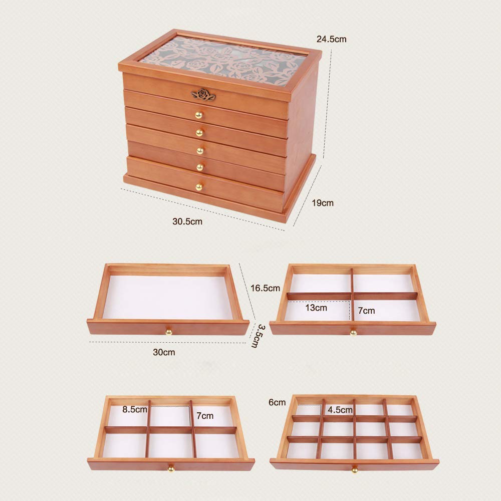 XBTGS Luxuriöse Holz-Schmuckschatulle für Uhren, Ringe, Armbänder, Halsketten, Manschettenknöpfe, Schmuckschrank mit 6 Ebenen, 5 Schubladen, Unisex-Geschenk-Box, groß, transparent, Showca,