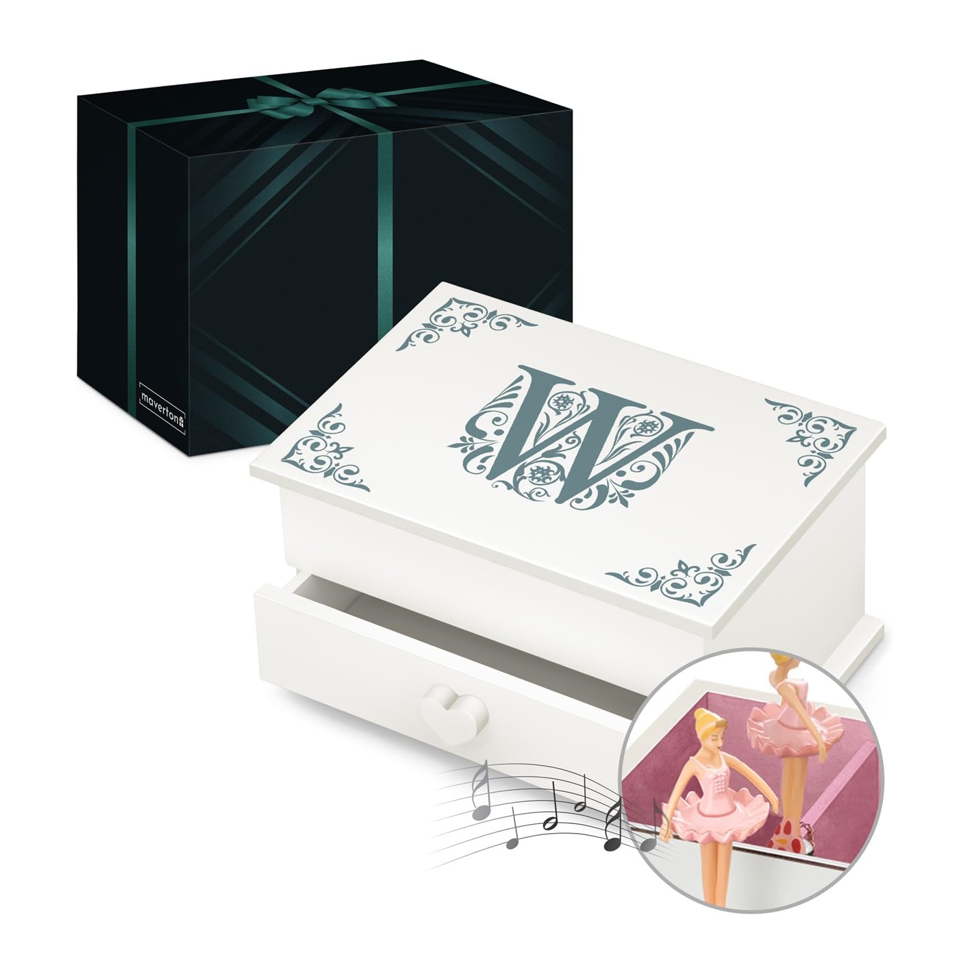 Maverton Personalised Music Ballerina Box for woman - Box with Drawer for lady - Wooden Jewellery Box with customisation - Overprinted White Organiser for Birthday for her - Mint