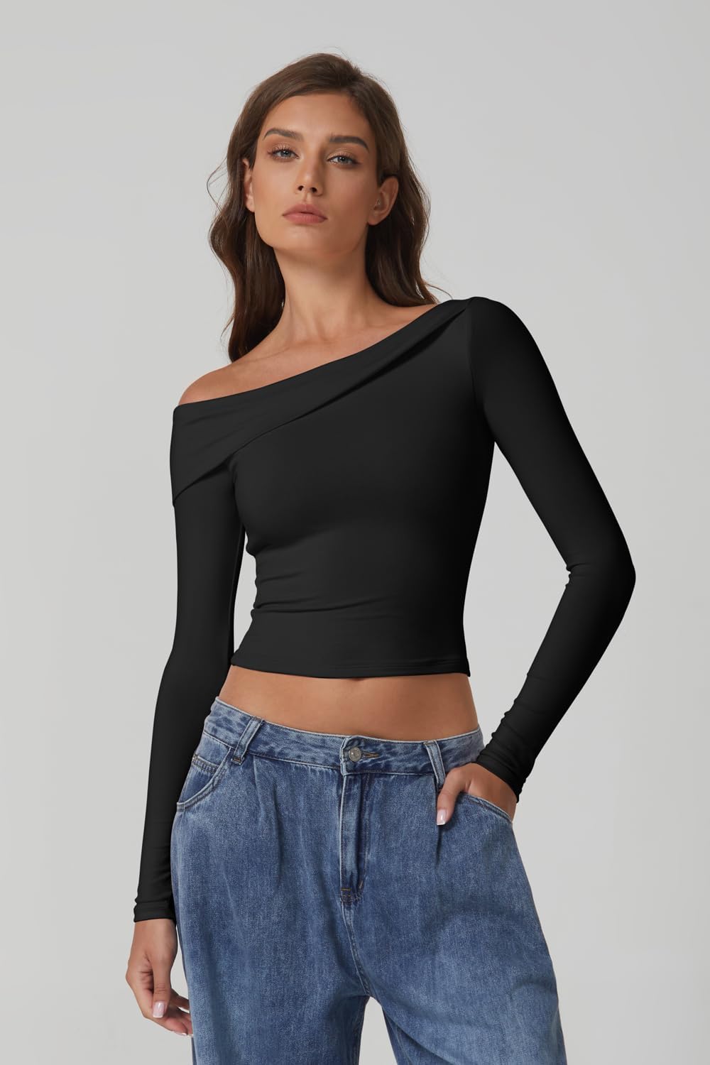 QINSEN Women Long Sleeve Off Shoulder Tops Trendy Double Lined Going Out Shirt for Fall - Image 2