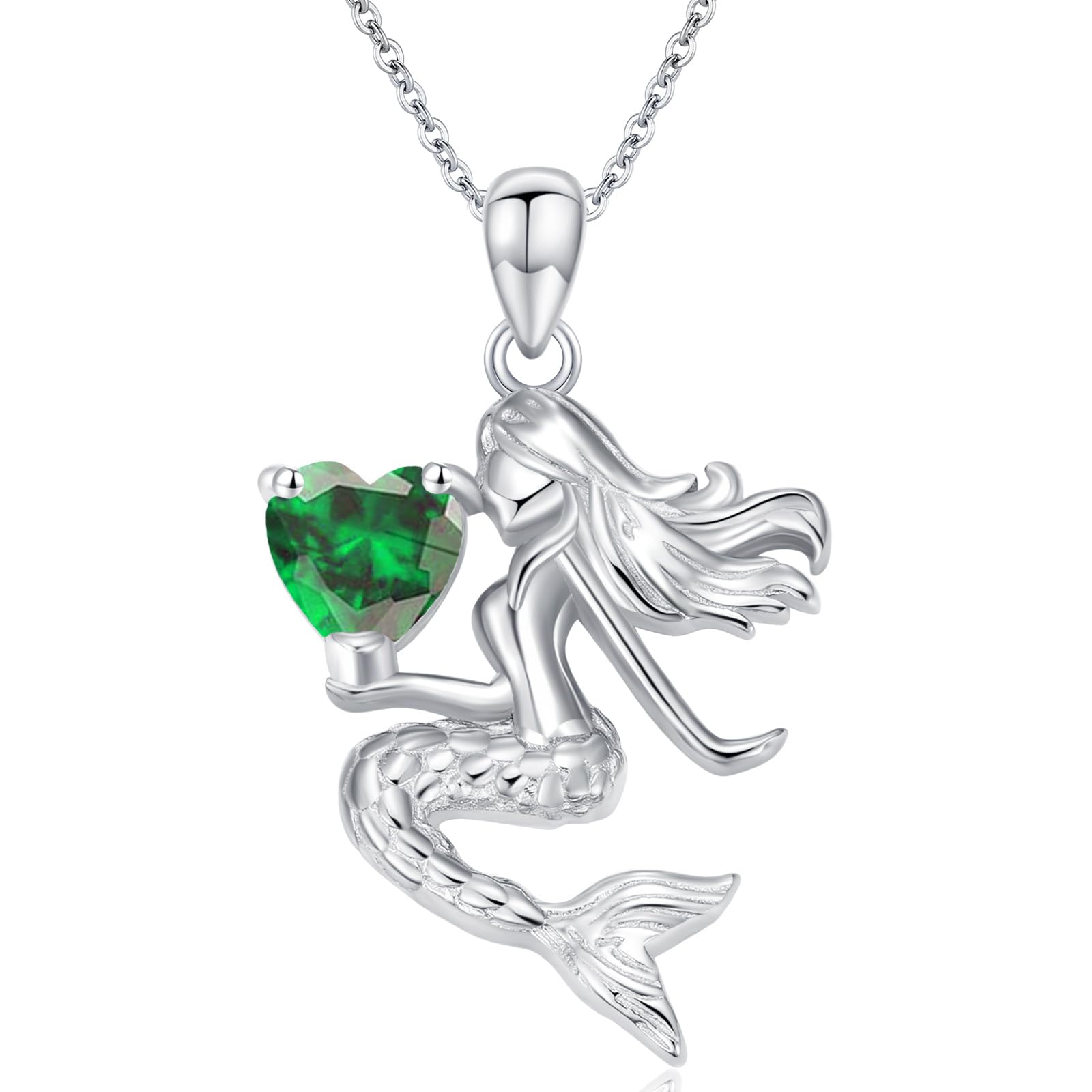 LONAGO Mermaid Necklace for Women 925 Sterling Silver Mermaid Holding Heart Cut Birthstone Pendant Necklace