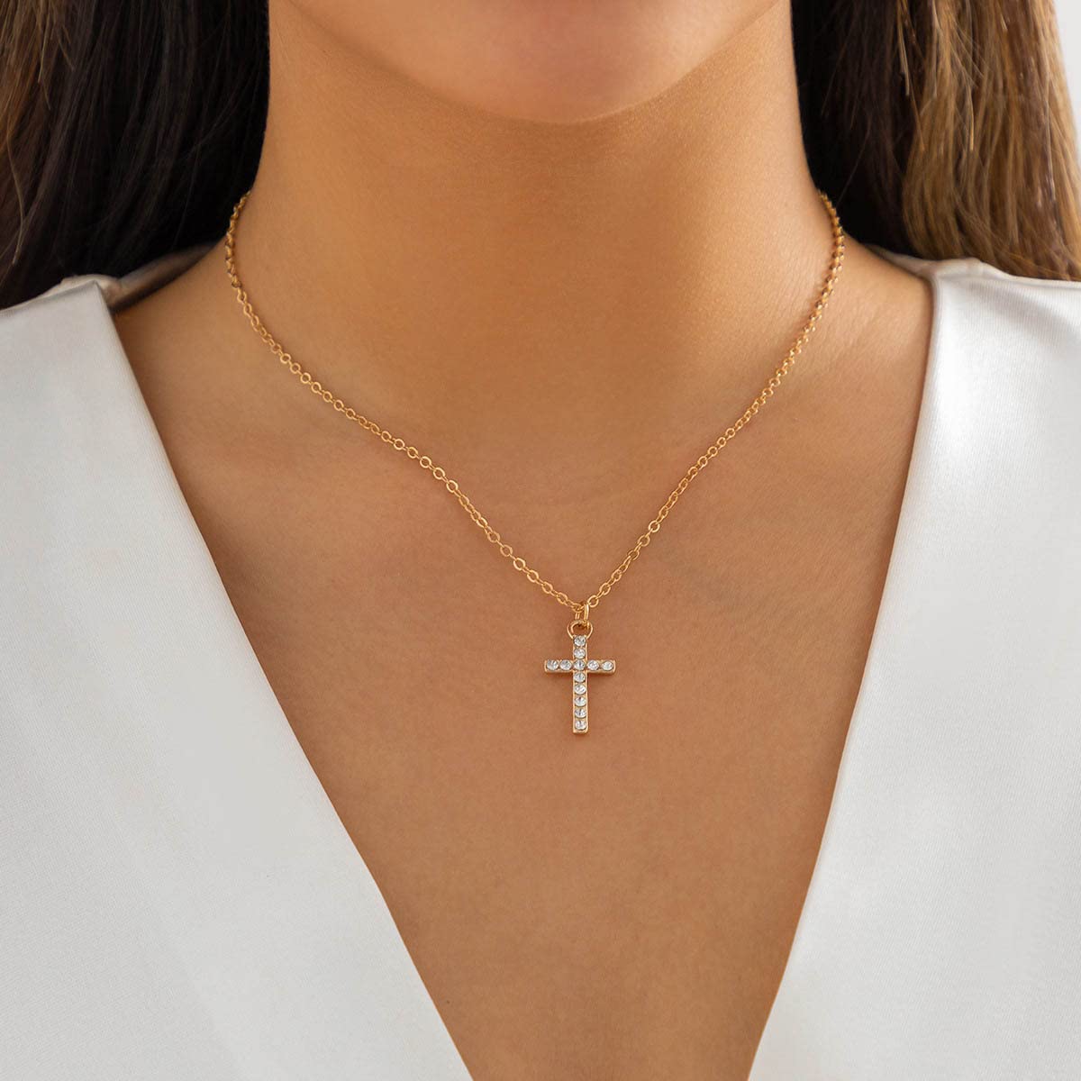 Collana Con Croce In Oro Bianco 14K – Gioiello Ipoallergenico Per Donna, Catena Regolabile 45+5 Cm, Regalo Con Confezione
