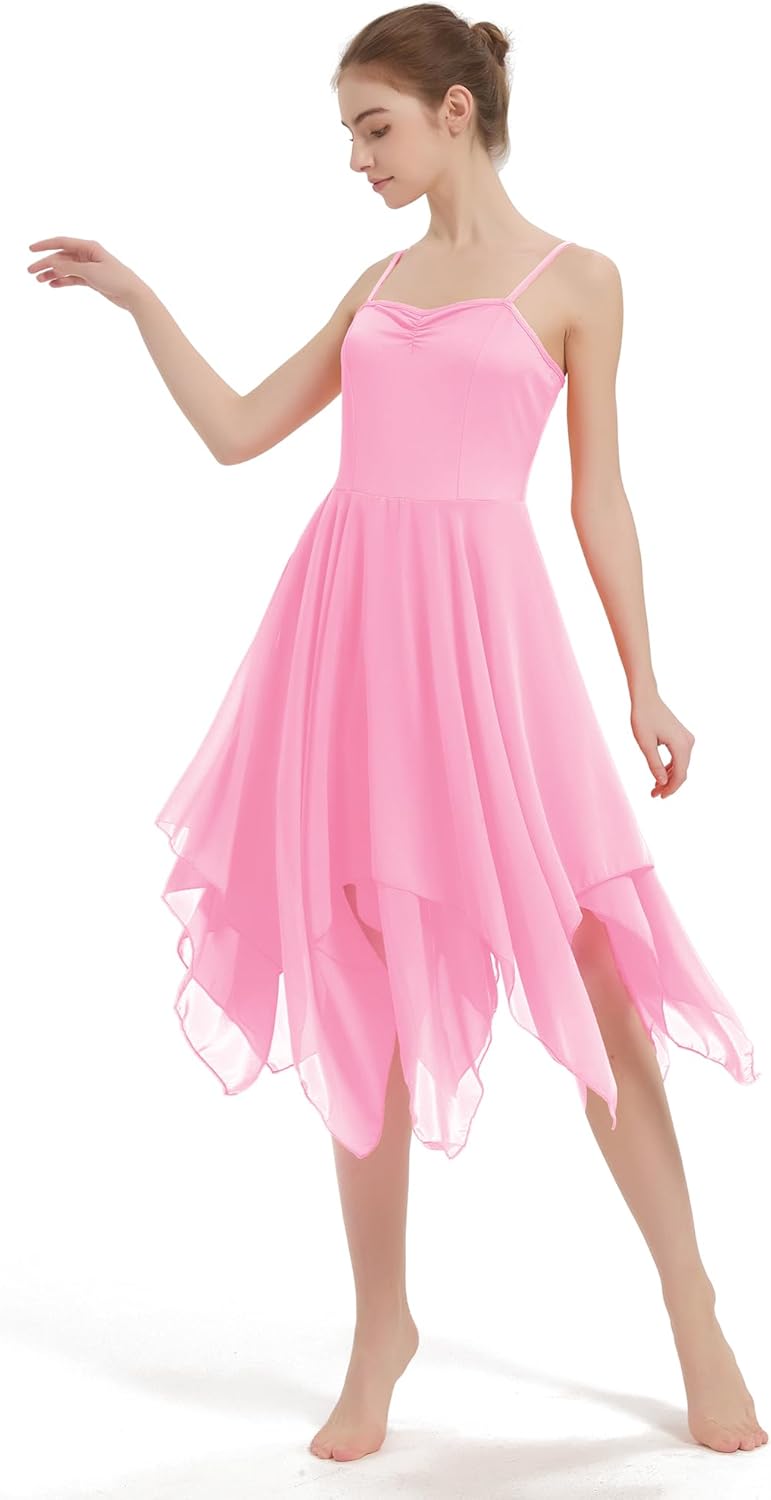 Women's Praise Dance Overlays Dress Strap Contemporary Ballet Lyrical Dancewear Irregular Flowy Chiffon Dance Dress