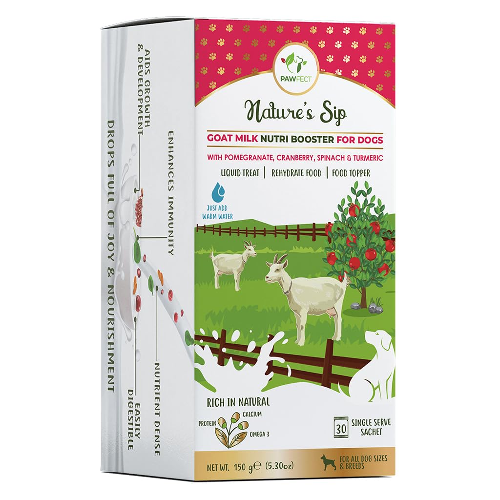 Pawfect Nature's Sip Goat Milk Powder with Pomegranate & Cranberries for Dogs - Easily Digestible- Pre & Probiotics - Healthy Topper - Hydration Support- 30 sachets (150g/5.29oz)