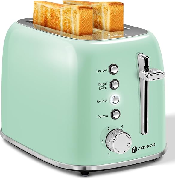 Aigostar 2 Slice Retro Toaster Stainless Steel, 1.6 Inch Extra Wide Slots for Bread and Bagels