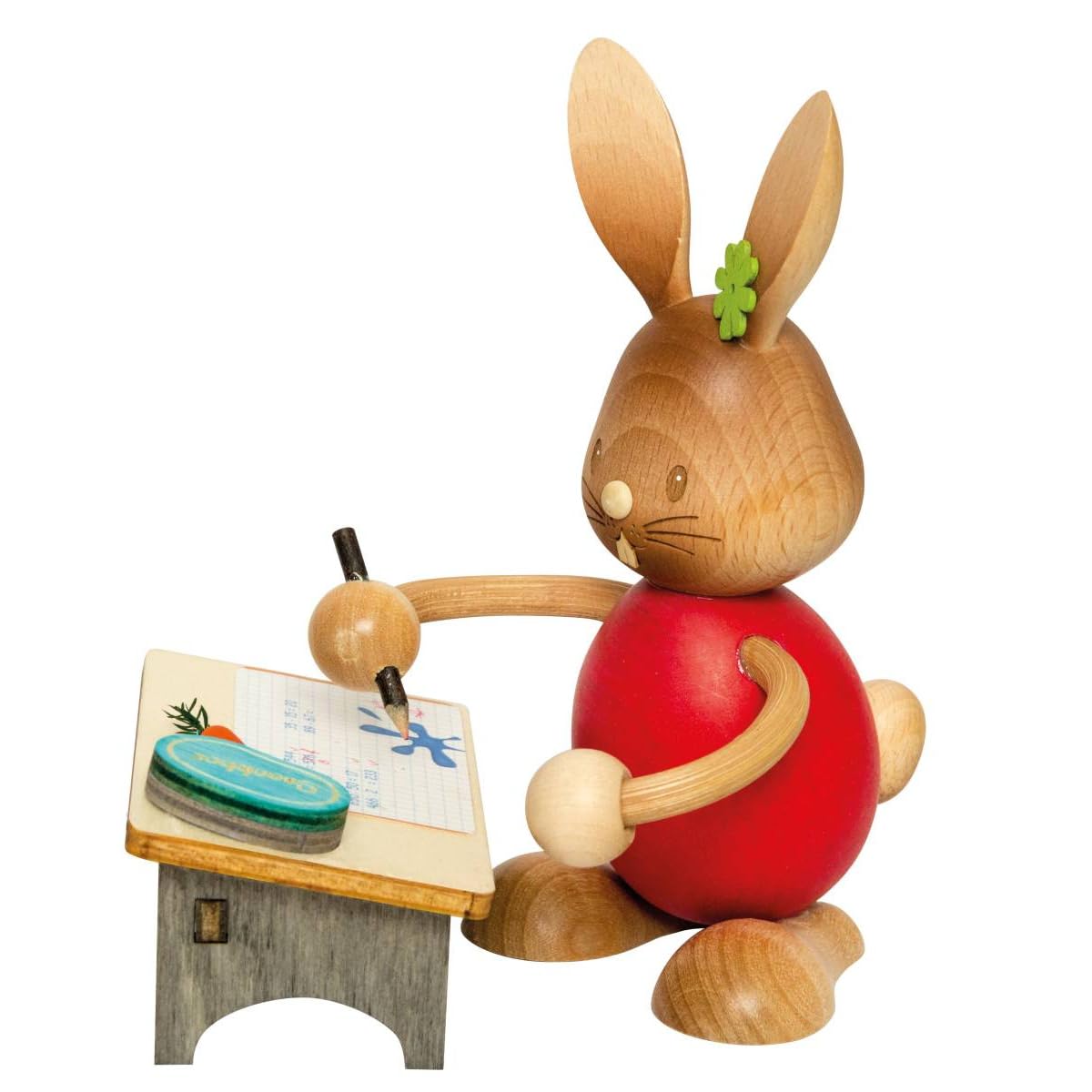 Kuhnert Drechslerei Osterdekoration/Osterhase „Stupsi Hase als Schüler“ 11 cm, aus feinstem Holz, für EIN Bezauberndes Osterfest oder eine dauerhafte Dekoration, Holzkunst Made in Germany