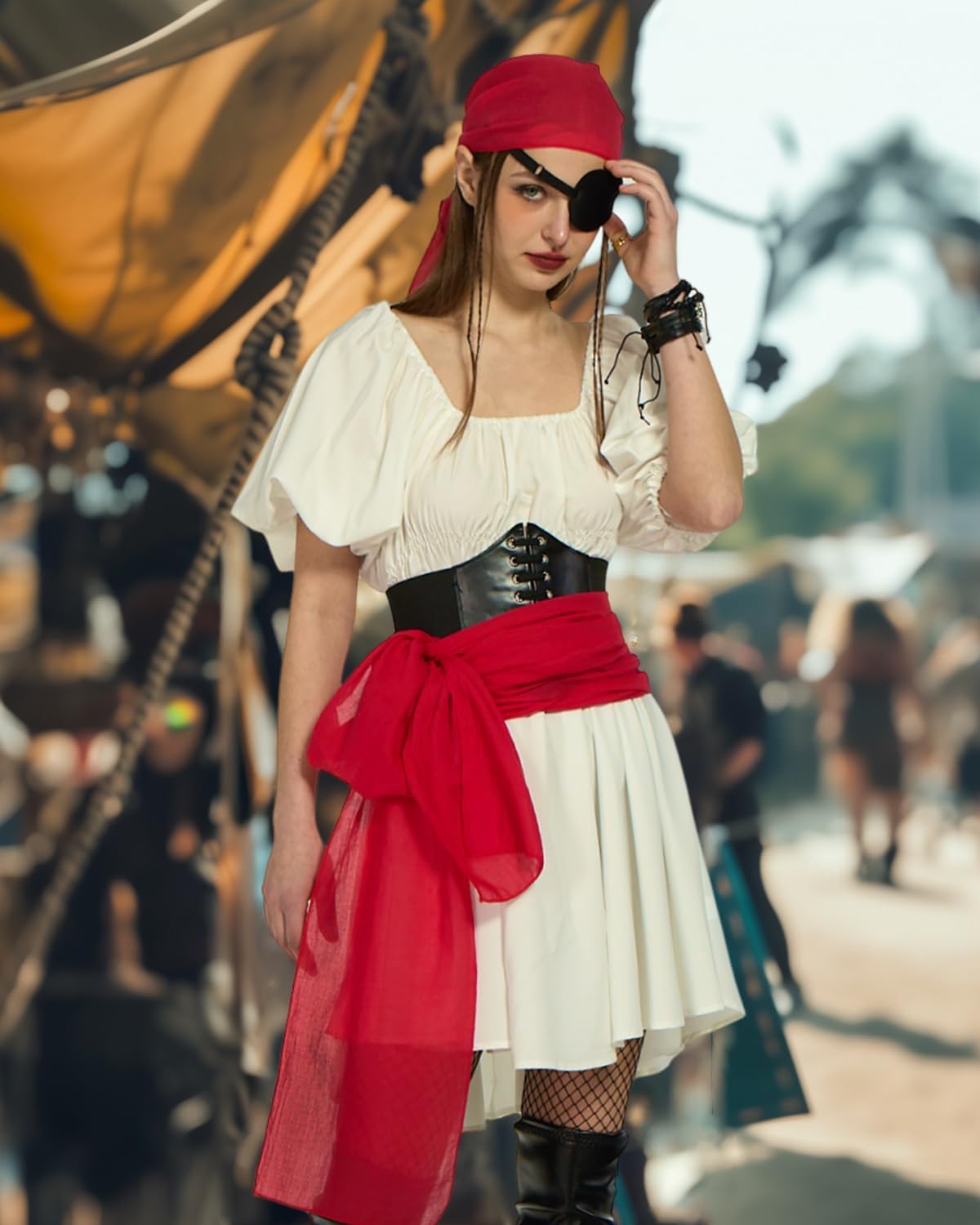 kasahara Pirate Costume Accessories for Women Men 6 Pcs Pirate Head Scarf Bandanas Waist Sash Belt Jewelry - Image 3