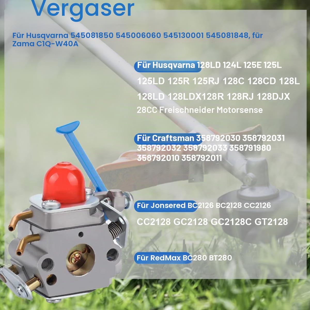 ZAMDOE 545081848 C1Q-W40A Vergaser für Husqvarna 128CD 128 LD 128LDX 128L 128C 124C 124L 125L 125LDX 125R 128R 128RJ 125RJ 128DJX Rasentrimmer Freischneider für Zama C1Q-W38 545081850 Vergaser