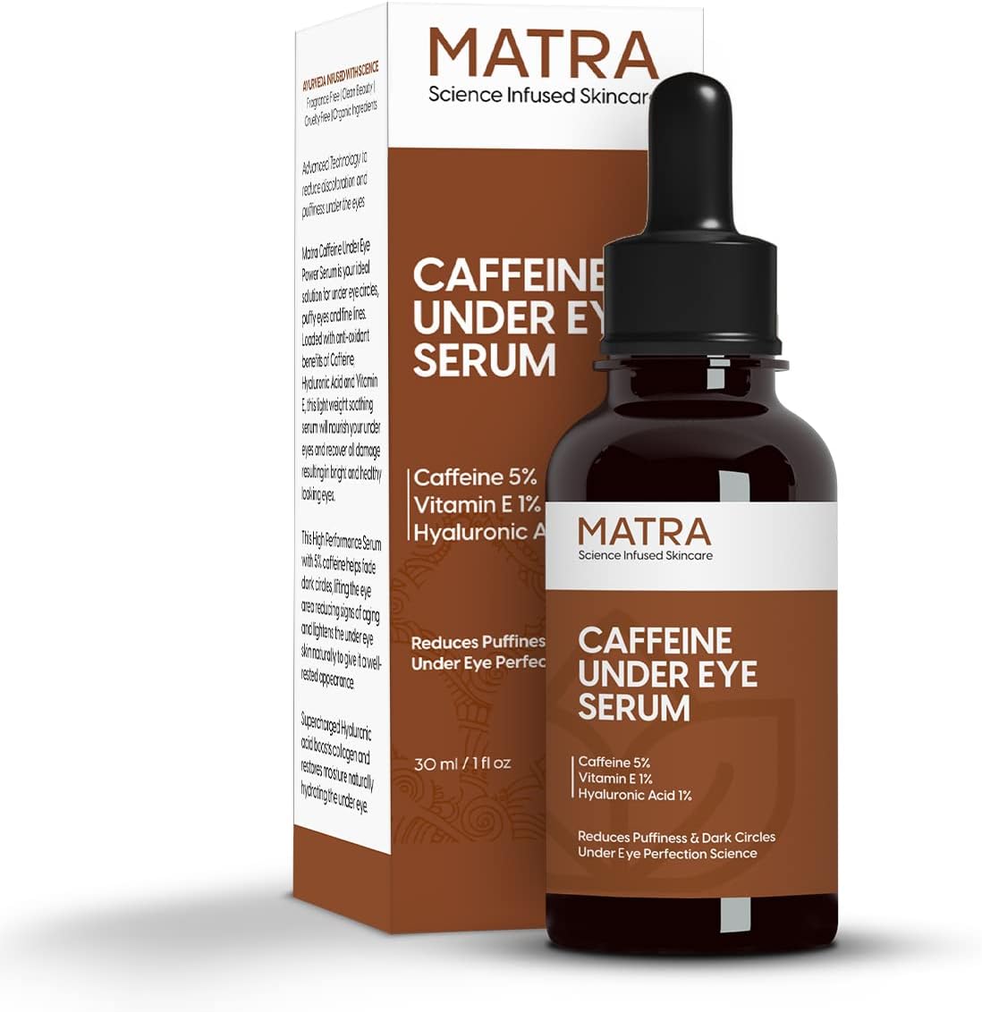 Matra 5% Caffeine Under Eye Serum for Dark Circles, Puffy Eyes, Fine Lines and Wrinkles | Under Eye Serum with Cucumber, Vitamin E and Hyaluronic Acid for Women and Men | 30 ml