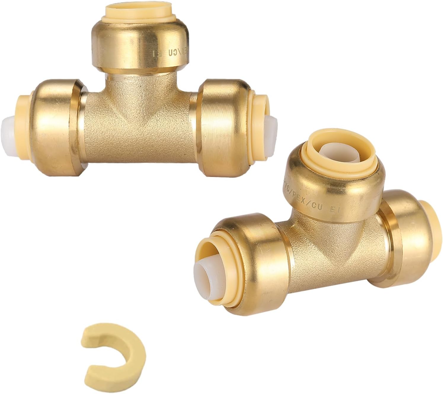 (Pack of 2) Seelink 3/4" x 3/4" x 3/4" Push Fit Tee Brass fitting, Push to Connect Pex, Copper, CPVC Pipe/Tubing, With Disconnect Clip