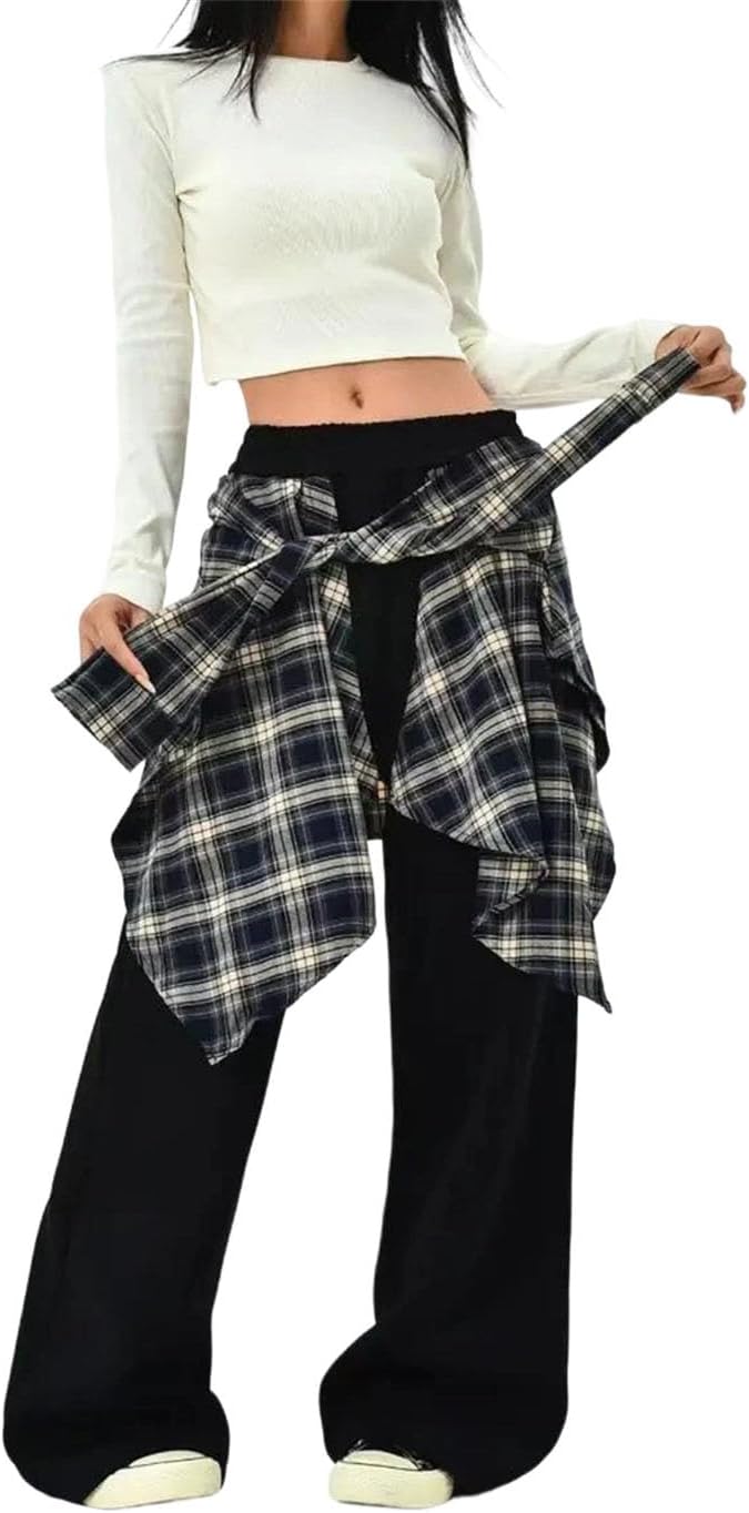 Women All Season Pants Dance Style Gray Spliced Shirt Fake Two Piece Sports Loose Straight