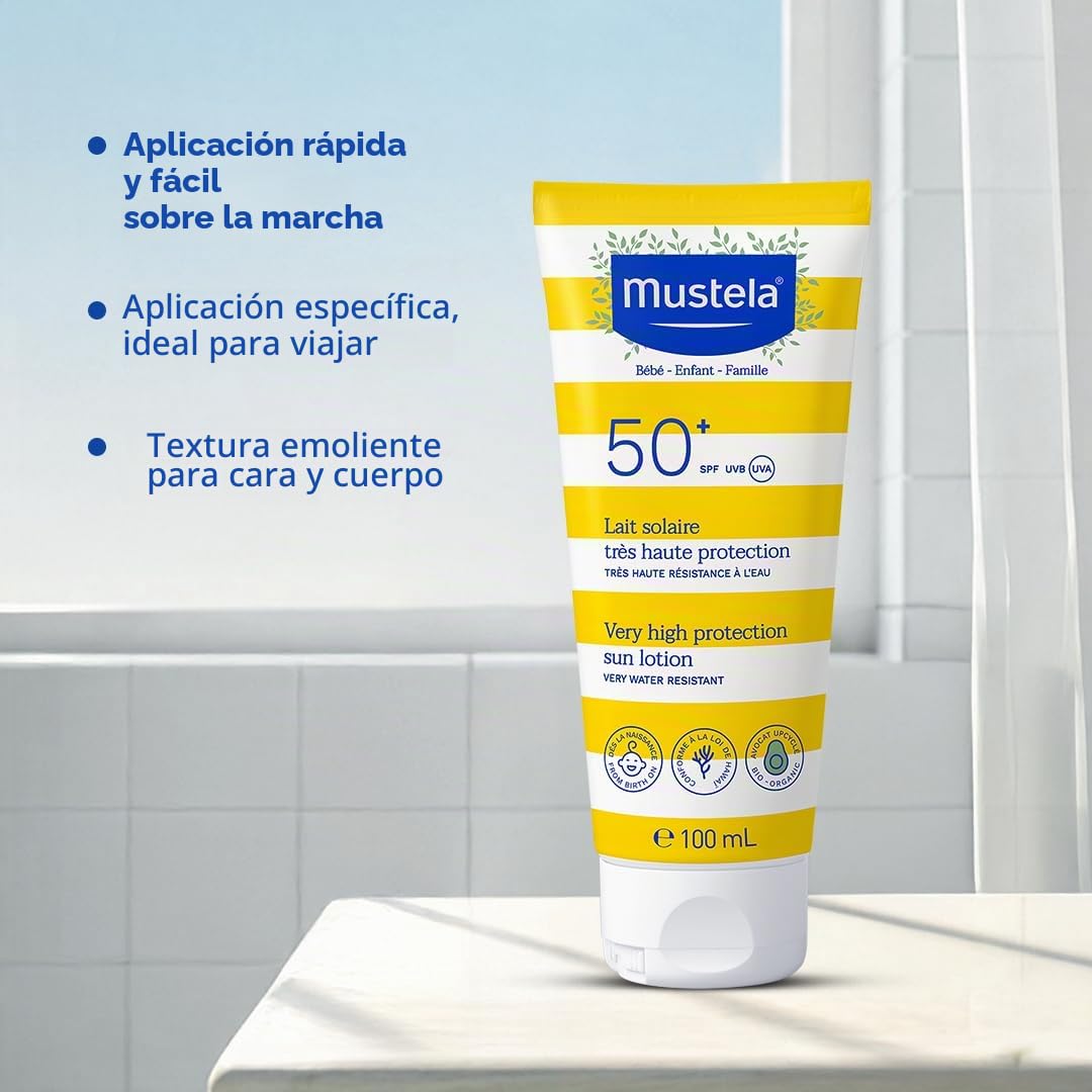Mustela Leche Solar Spf 50, Rostro, Cuerpo, Con Perseosa de Aguacate, Bebés, Niños, Toda la Familia, Adecuada para el Embarazo - Muy Alta Protección contra los Rayos UVB y UVA (100ml)