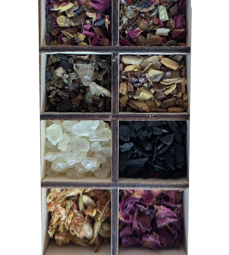 Räuchern Starter Set 12-TLG Zubehör für Anfänger, auch für Weihrauch geeignet + 7 cm Räucherschale + Räucherkohle + Räuchersand + Anleitung + 8 Verschiedene Räucherungen für Harmonie und Liebe