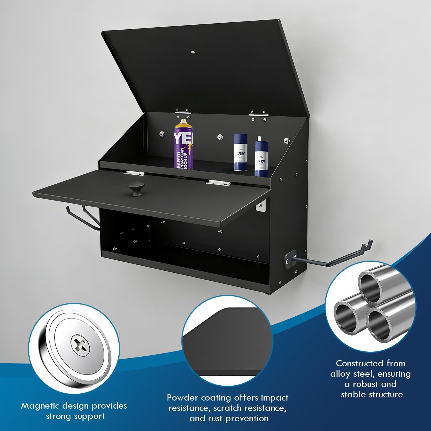 Magnetic Spray Booth Box, Wall-Mounted Spray Booth Storage, Double Compartment Cabinet with Two Spray Gun Hangers, Sturdy & Durable Alloy Steel Painted Storage Cabinet Designed (Black)