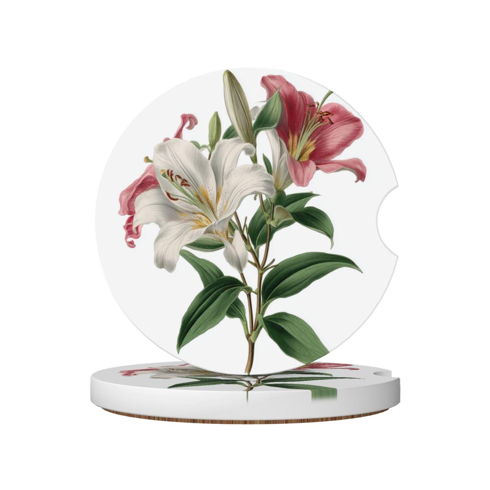 Botanical Vintage Lily White and Pink Petals Ceramic Coasters,2pcs