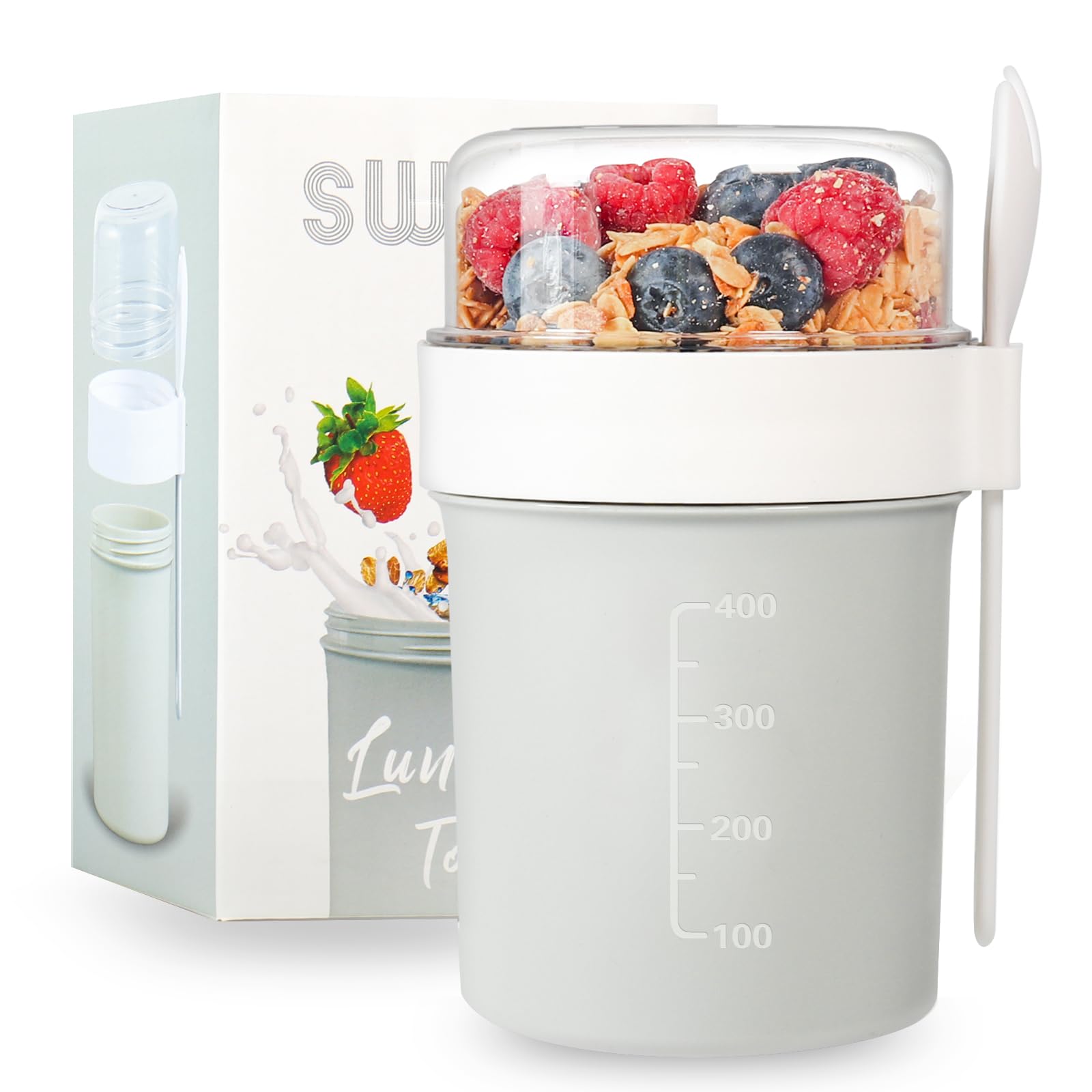 Swkien Müslibecher to go mit Löffel - Auslaufsicherer Joghurtbecher to go mit Unterteilung (560ml + 220ml) - Spülmaschinengeeignet & BPA-Frei - für Büro, Fitness, Schule, Reise - Hellgrau