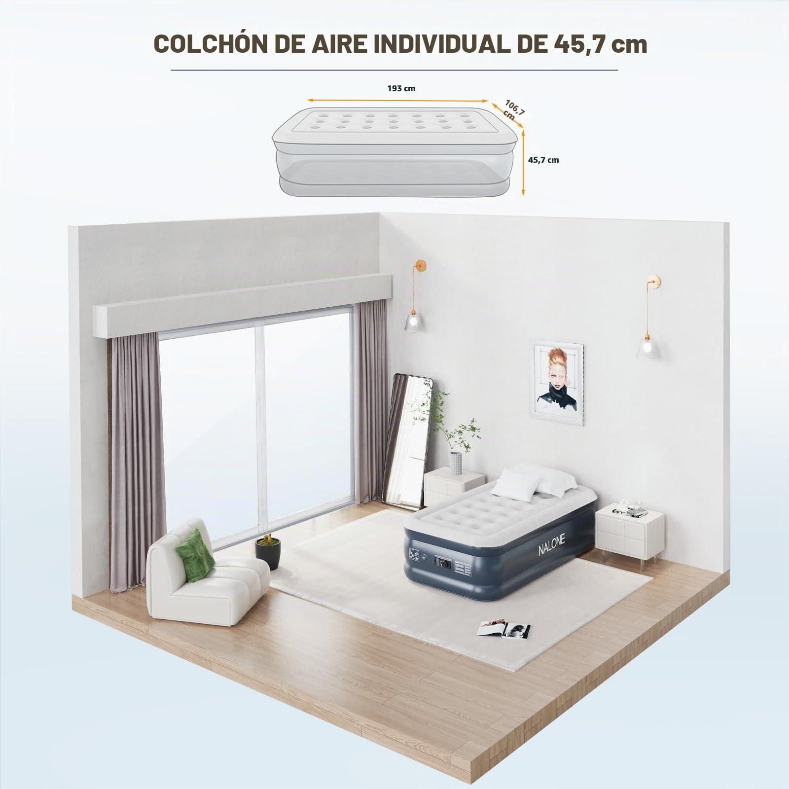 NALONE Colchón Inflable Individual, Colchón Hinchable, Cama Hinchable con Bomba de inflado incorporada Tan Solo 3 Minutos,Invitados o Uso en Casa,193x100x45cm
