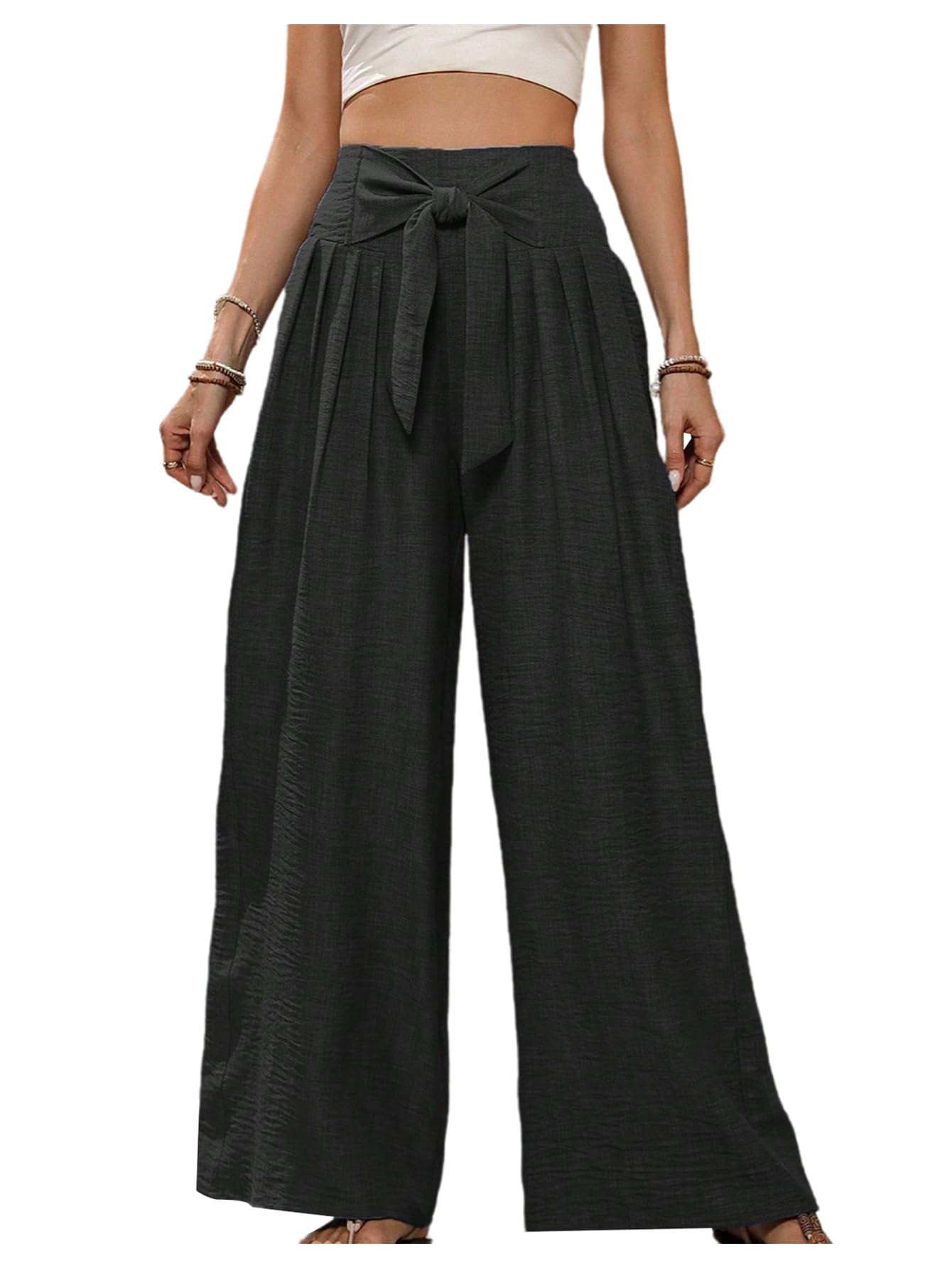 MakeMeChic Womens Paperbag Waist Shirred Palazzo Pants Tie Front Baggy Wide Leg Trousers