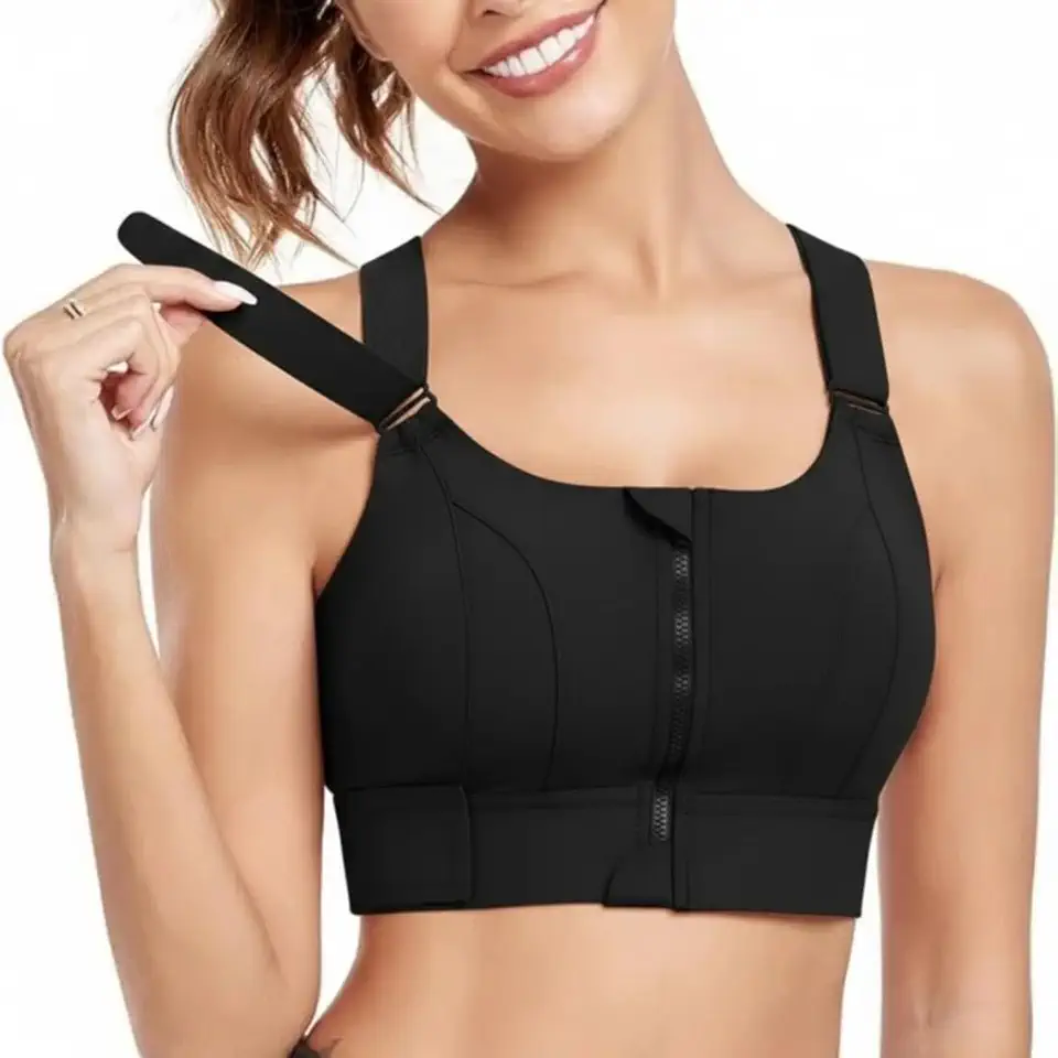 Top Fitness Feminino Academia Alta Sustentação e Compressão Reforçado Esportes Alto Impacto Corrida 3 Ajustes e Confortável Seguro Plus Size com Zíper