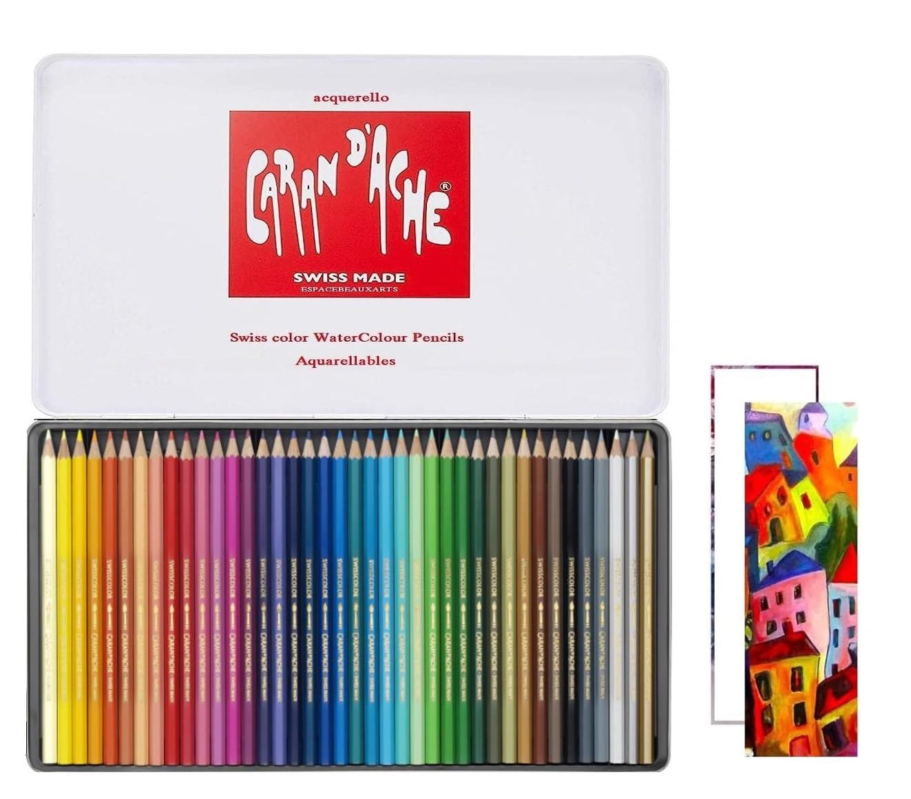 Caran D'ache Swisscolor - Matite acquerellabili in scatola di metallo, confezione da 40 pezzi e 2 carte