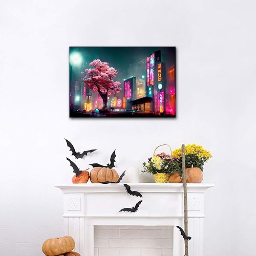 Miniatura 2 de Lienzo moderno para decoración de pared, 1 panel, impresiones artísticas de Cyberpunk con paisajes nocturnos ocupados, árboles rosados, impresiones