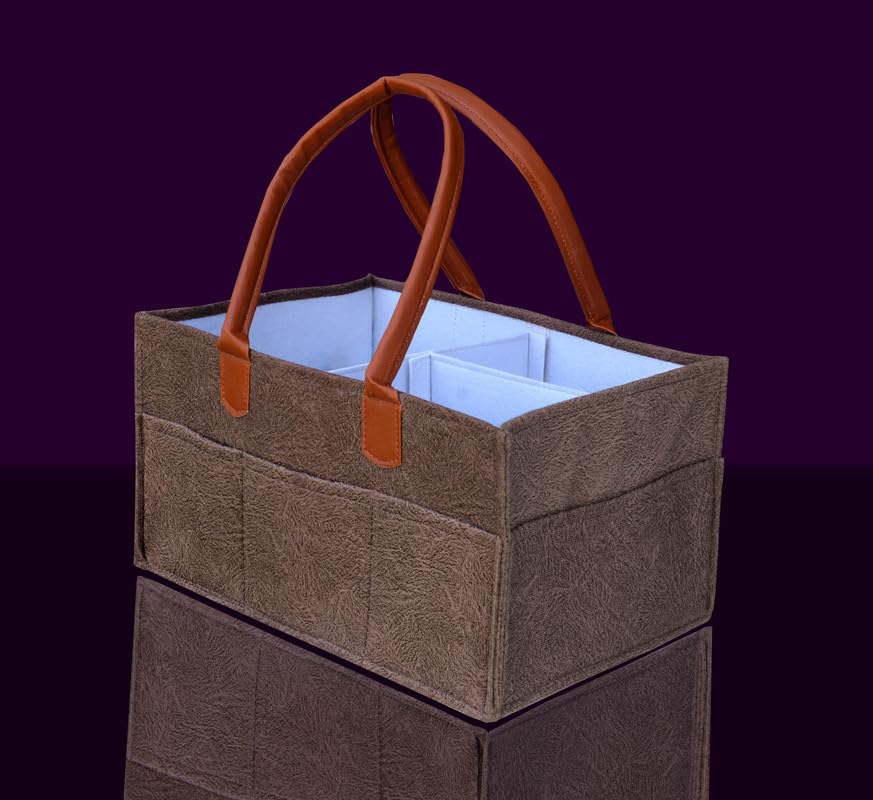 MetDeals Non Woven Fabric Cute Diaper Caddy Bag with Handles | Foldable and Portable Basket For Car Travelling and Nursery Storage(DapplePrintDiaper_Brown)-image-44