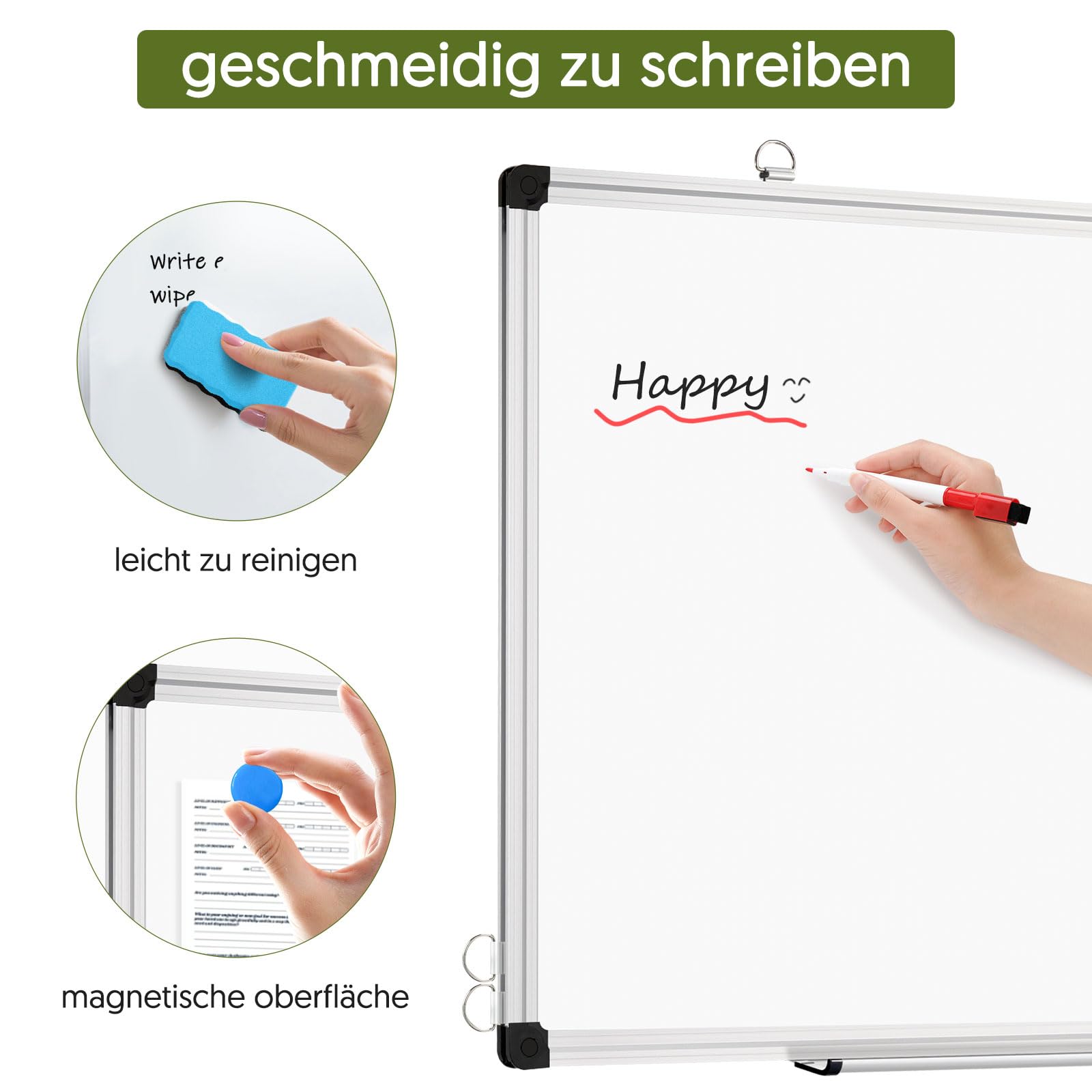 DOLLAR BOSS Tableau blanc magnétique mural double face 90x60 cm | Tableau d'affichage magnétique avec cadre en aluminium Pen Ray - Effaçable à sec - Pour cuisine, bureau et école