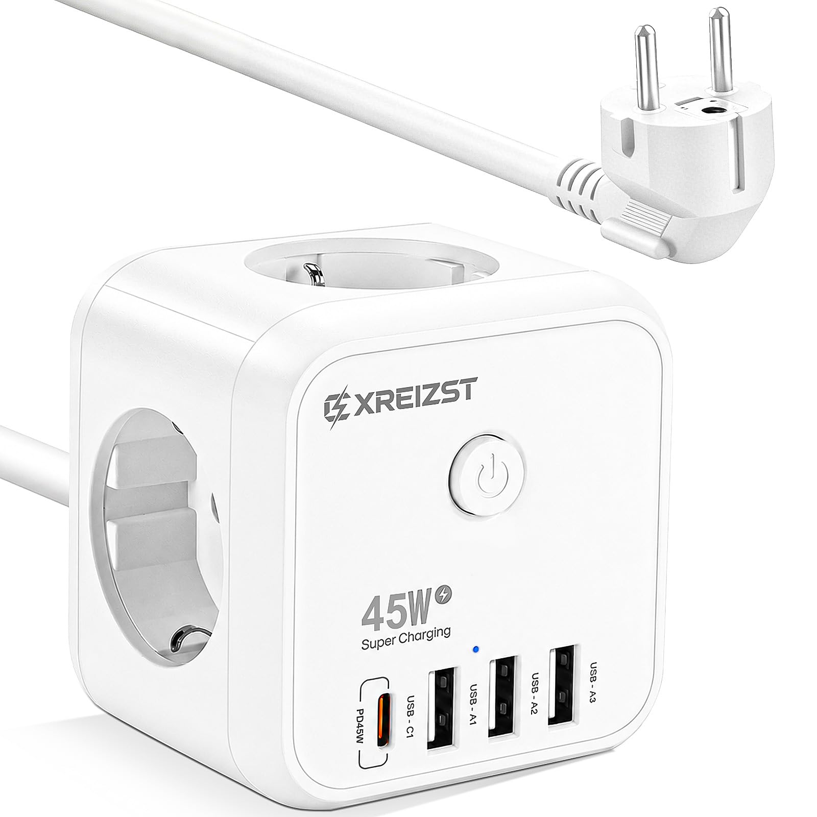 Exreizs steckdosenwürfel mit USB 45W GaN USB C, 3 Schuko, 2m Kabel, weiß | 7-in-1 Mehrfachsteckdose,1x USB-C PD45W + 3x USB-A,Ein/Aus-Schalter mit LED,4000W, kompakt, weiß – für Büro, Reise,Zuhause