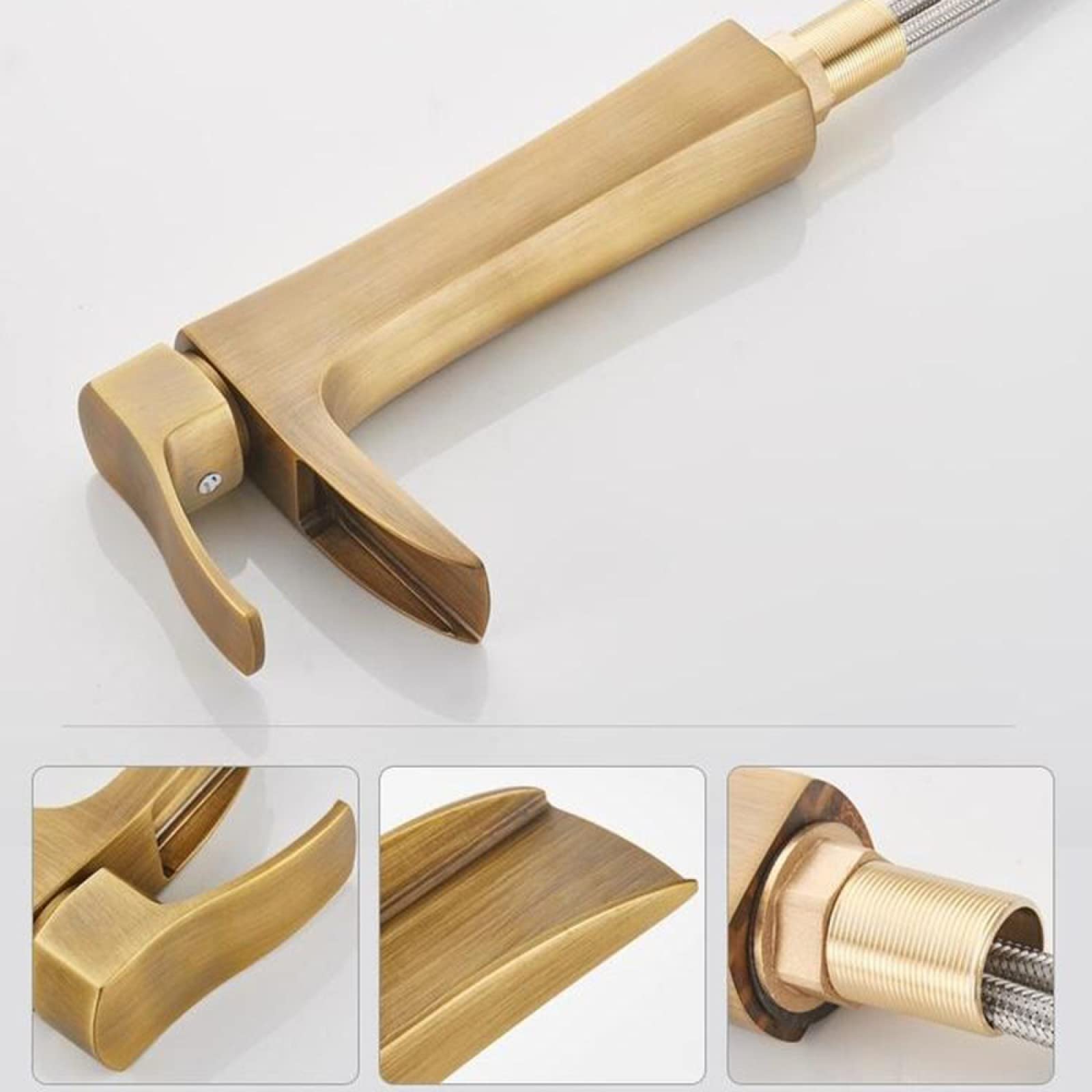 Rubinetto a Cascata per lavabo da Bagno, Stile Antico, in Ottone Massiccio, Miscelatore per Acqua Calda e Fredda, monocomando Corto (Dimensioni: Alto)