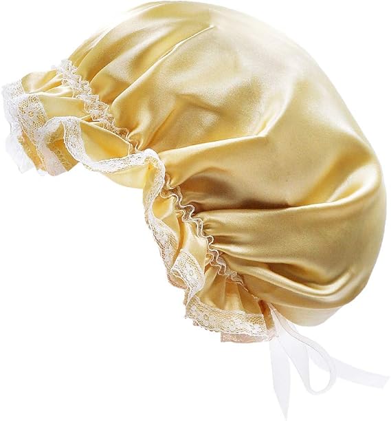 Amazon Co Jp Lulusilk シルクナイトキャップ ロングヘア用 100 天然シルク 室内帽子 就寝用 19匁 美髪 レースとリボン付き ヘアキャップ サイズ調節可能 ゴールド 産後用 妊婦キャップ 枝毛防止 睡眠改善 保湿 快眠 渡辺直美 ホーム キッチン