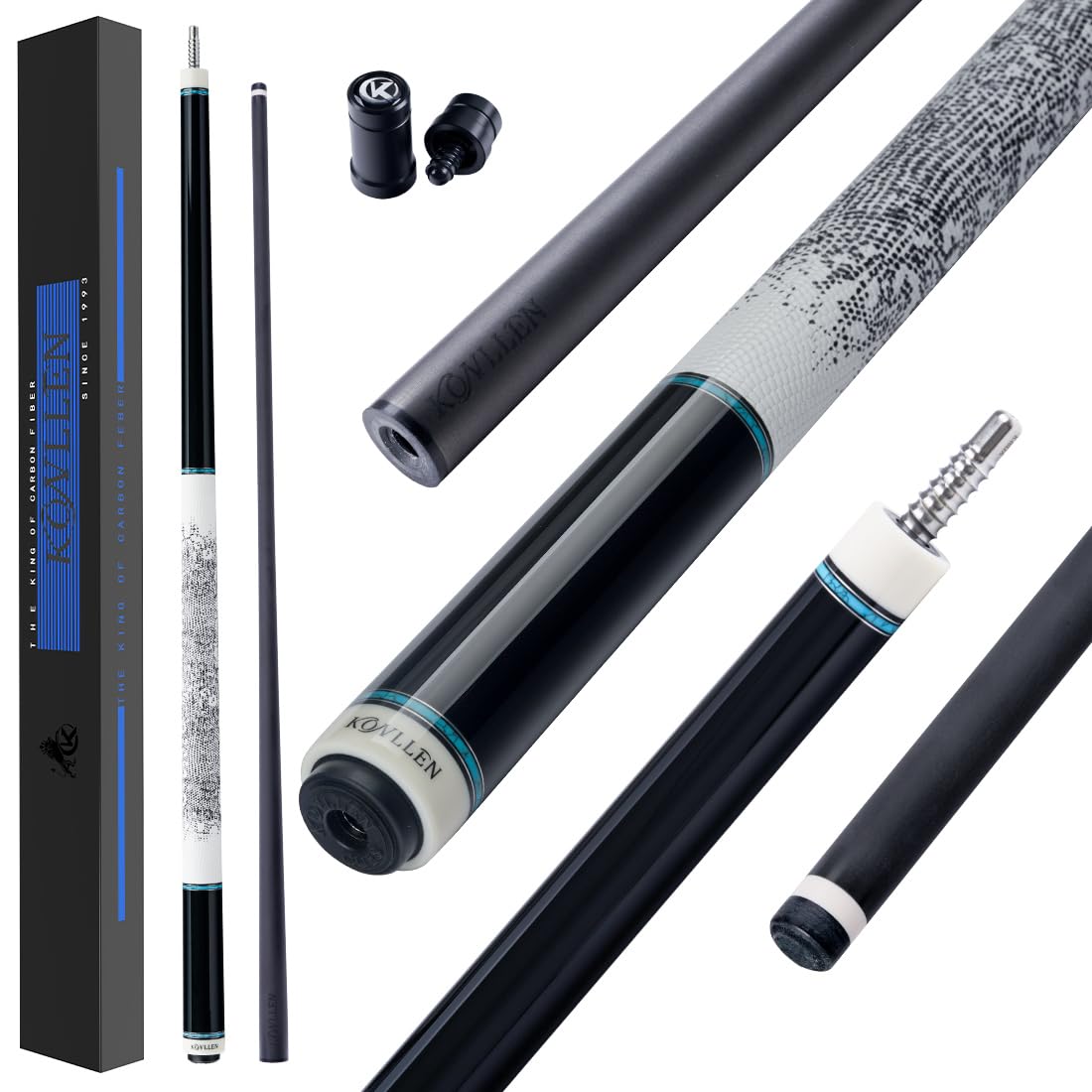 KONLLEN AING-1 Carbon Fibre Pool Cue Handmade Dragon Real Inlay (Abalone Shell Handmade Inlay, Ebony Butt, 12.4mm Sea-Eye Tip, 3/88 Radial Pin Joint, with Extension Case)