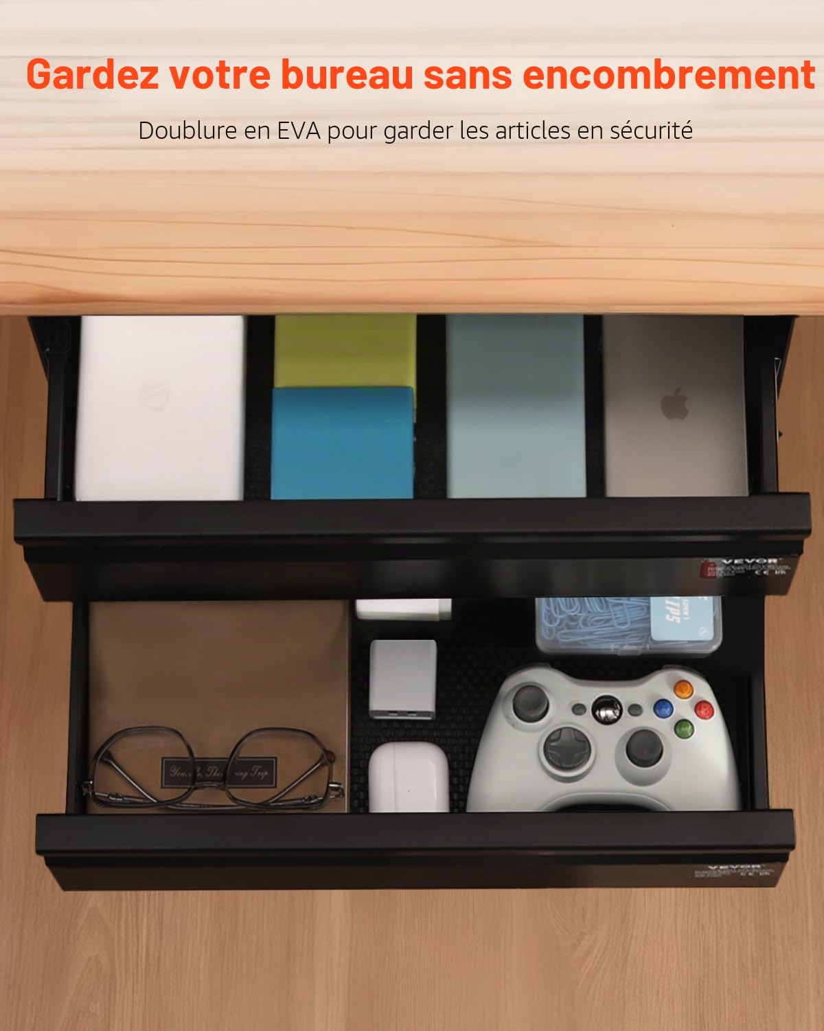 VEVOR Tiroir Coulissant sous Bureau, 457x227x200 mm, Tiroir Organisateur de Rangement sous Bureau Caché à 2 Couches, Capacité de Charge 5 kg, pour Maison sous Table, Poste de Travail Assis-debout