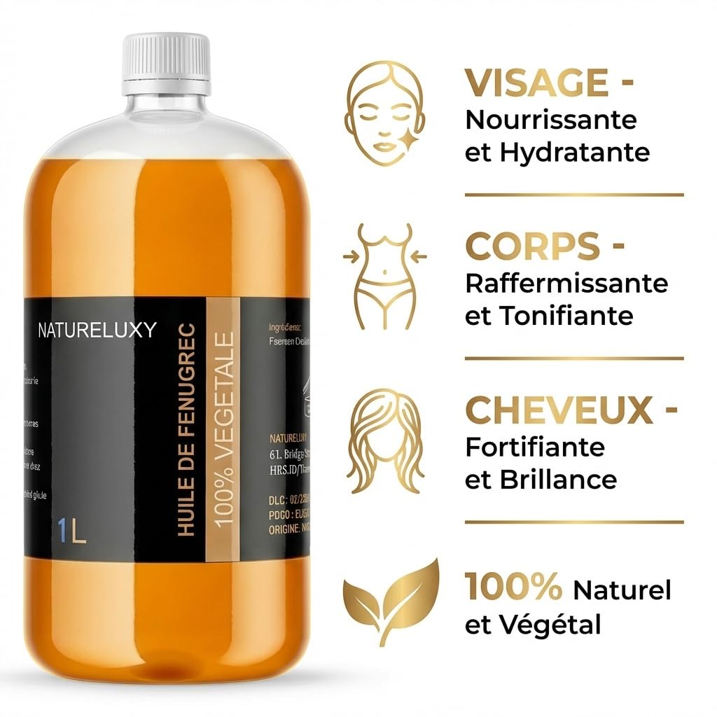 Huile de Fenugrec 1L – | Soin Visage, Corps & Cheveux | Nourrissante, Raffermissante & Fortifiante