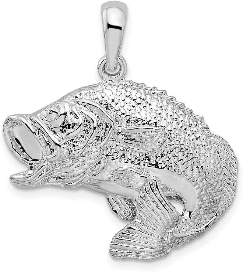 925 Sterling Silver Rhodium-Plated Polished Jumping Bass Fish Charm Pendant (L- 28 mm, W- 27 mm)