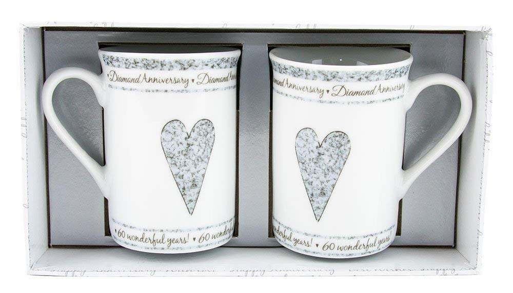 Beautifully Designed 60th Diamond Wedding Anniversary Set of Ceramic Mugs with Hearts | Dishwasher and Microwave Safe with Decorative Keepsake Box by Happy Homewares