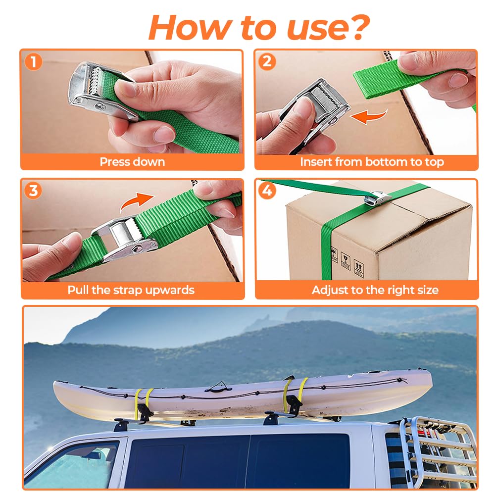 Correa de Amarre 2,5m x 2,5cm 10uds, Eslingas con Carraca Cincha de Amarre Ajustable para Portaequipajes, Portabicicletas, Coche, Motocicleta, etc. (Verde)