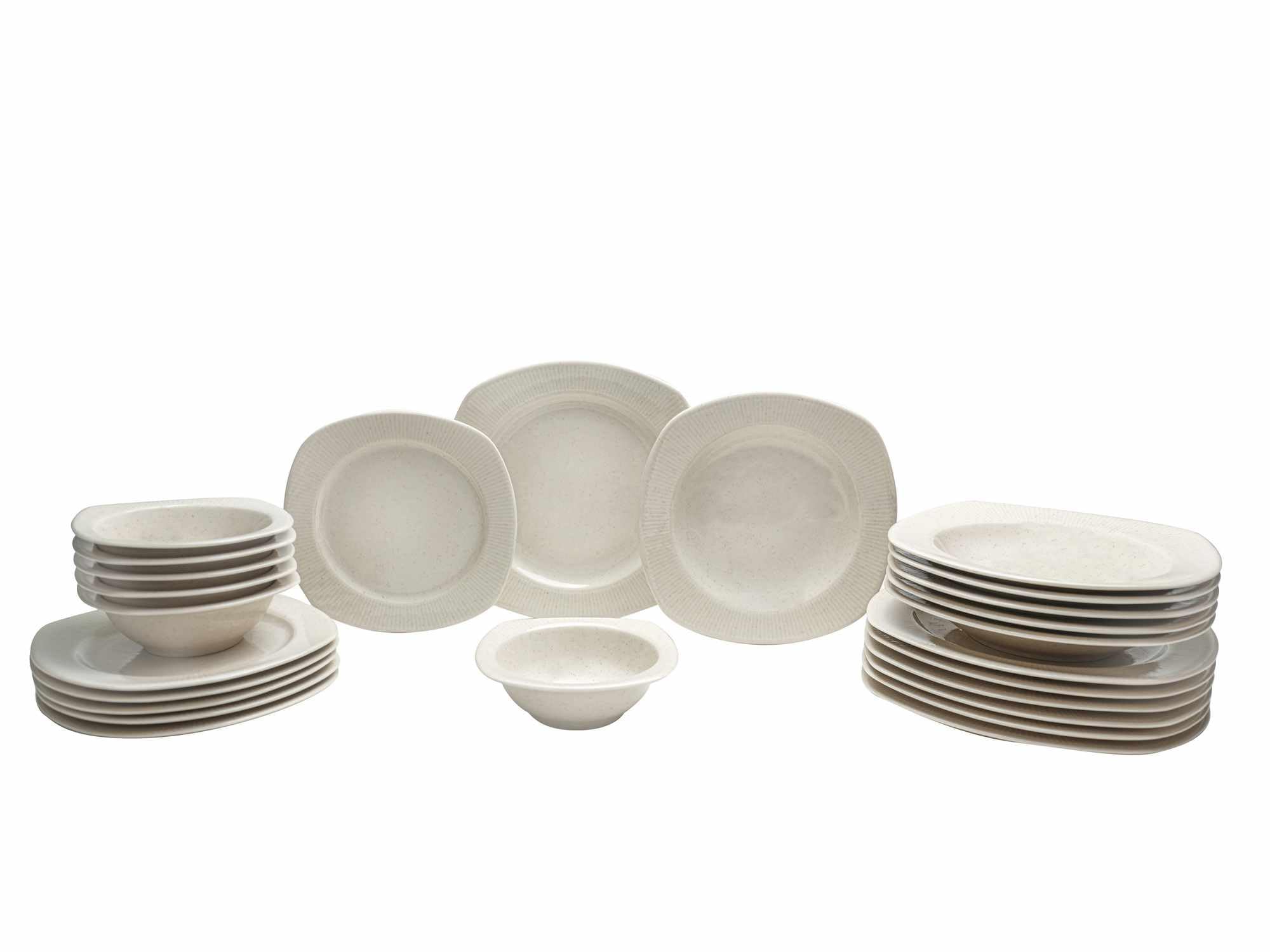 Elegancki 24-częściowy serwis obiadowy, 100% porcelana, krem i cynamon | w zestawie talerze do serwowania, miski i talerze deserowe | można myć w zmywarce i używać w kuchence mikrofalowej