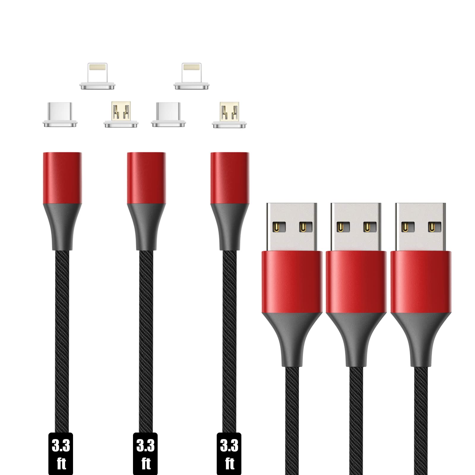 Magnetic Charging Cable,3in1 NetDot Gen10 3 Pack (3.3ft/red) Max 18W Fast Charging Magnetic Phone Charger and Data Transfer Magnetic Charger for Micro USB, USB-C/Type c and i-Product