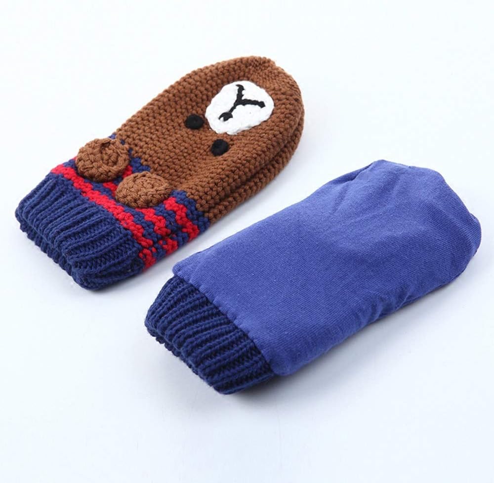 Child Knitting Gloves Autumn And Winter Double Layer Thicken Keep Warm Windproof Girl Cartoon Bear Mittens, 2 Sizes