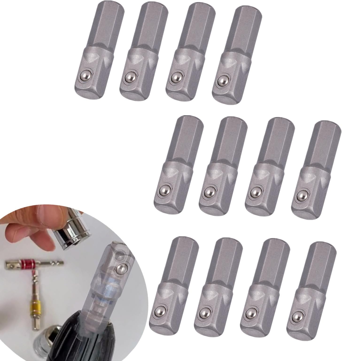 12 Pcs 1/4 Socket Adapter Hex to Square Drive - Gray-Black for Electric Drill Wireless Screwdrivers