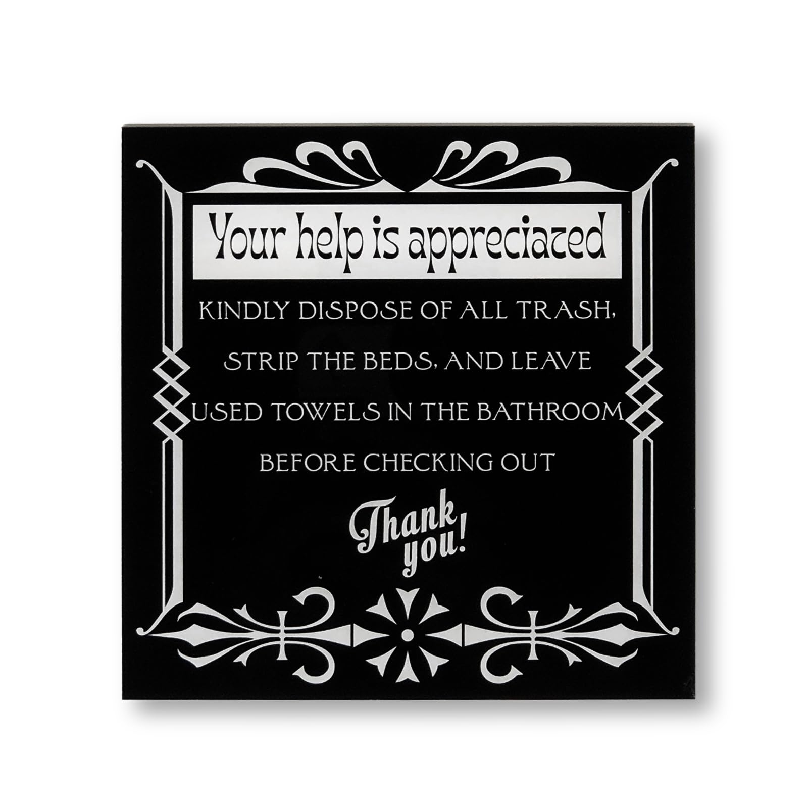 GRAUES Acrylic 5x5 Airbnb Essentials for Hosts - Kindly dispose of all trash, strip the beds, and leave used towels in the bathroom before checking