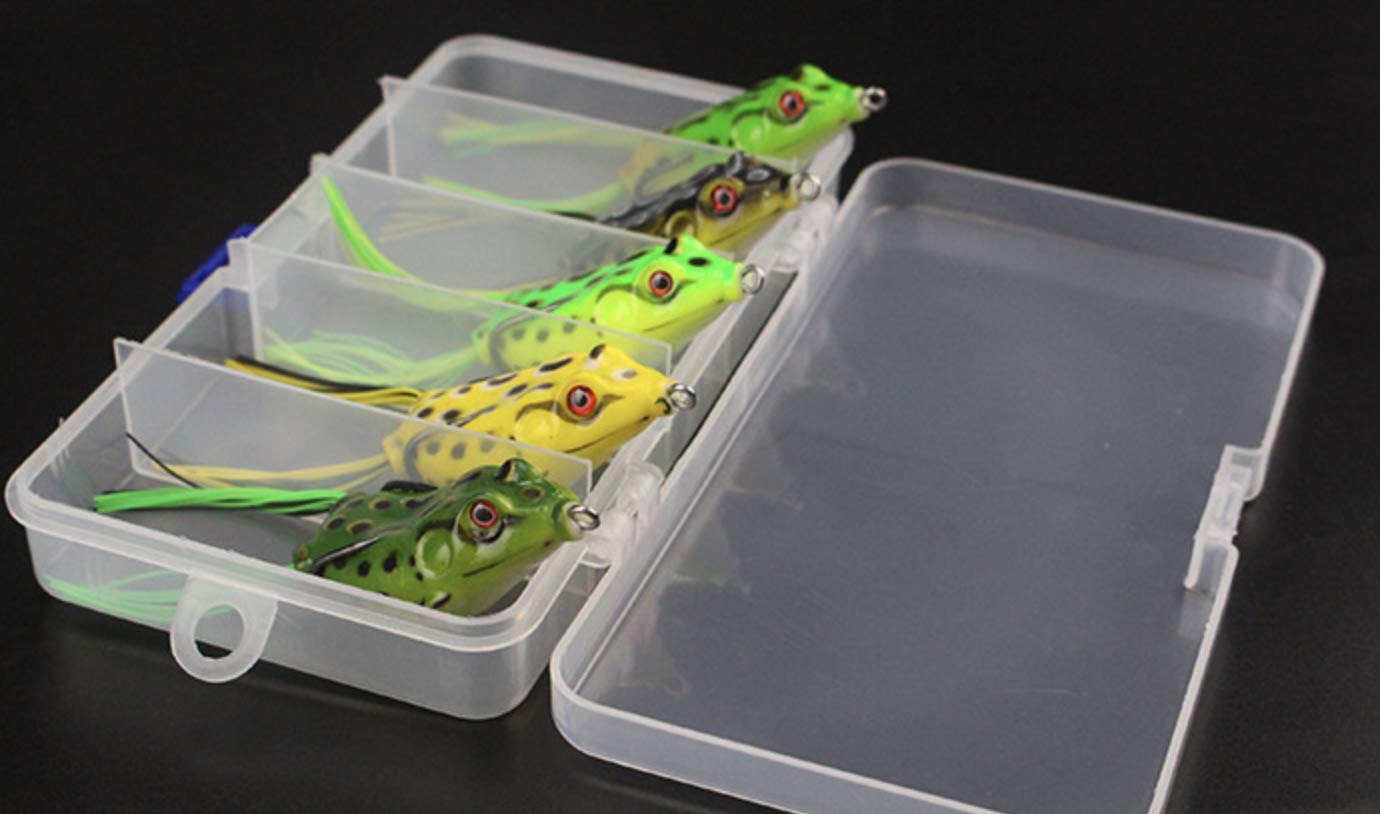 Vinayakart 5 PCS Bass Topwater Frog Lures Kit - Hollow Body 3D Eyes Frog Lure Weedless Swimbait with Hook - Bass, Pike, Snakehead - Tackle Box for Your Freshwater Fishing Frogs - Multicolor 1