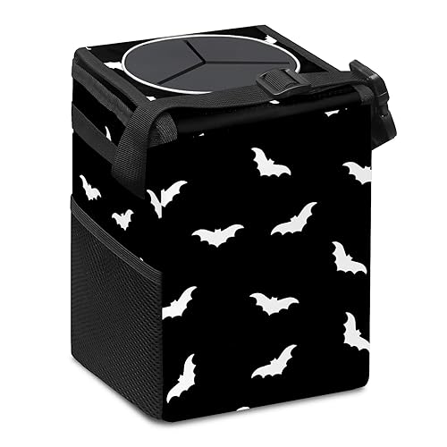 Miniatura 2 de Bote de basura para automóvil con tapa de murciélagos góticos y negros y blancos con tapa, plegable, reutilizable, impermeable, cubo de basura