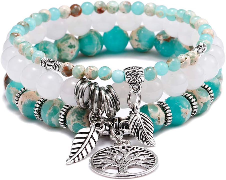 Tree of Life Semi Precious Original Design Crystals and Healing Stones Yoga Beaded Bracelets Beach Charm Bracelet Set for Women Girls, Ocean Jewelry