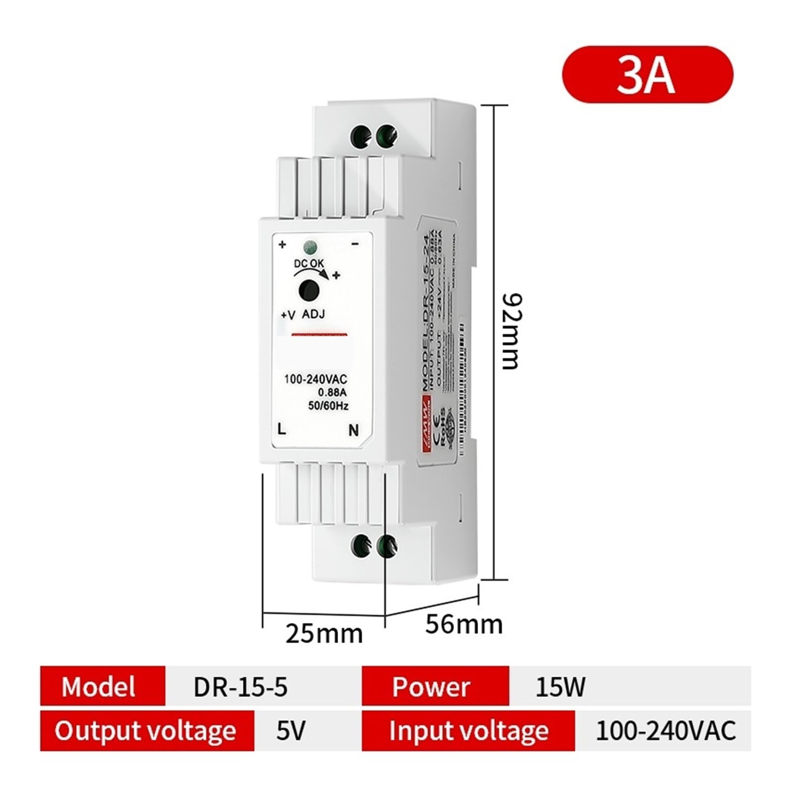 15 W, 30 W, 45 W, 60 W, pojedyncze wyjście, DC 5 V, 12 V, 24 V, przemysłowy zasilacz szynowy, wejście przełącznika 100-240 V AC, DR-15, DR-30, DR-45, DR-60