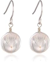FMFM42 Natural Dried Dandelion Seed Glass Ball Hook Drop Earrings - Unique Handmade Dangle Jewelry