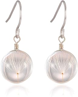 FMFM42 Natural Dried Dandelion Seed Glass Ball Hook Drop Earrings - Unique Handmade Dangle Jewelry