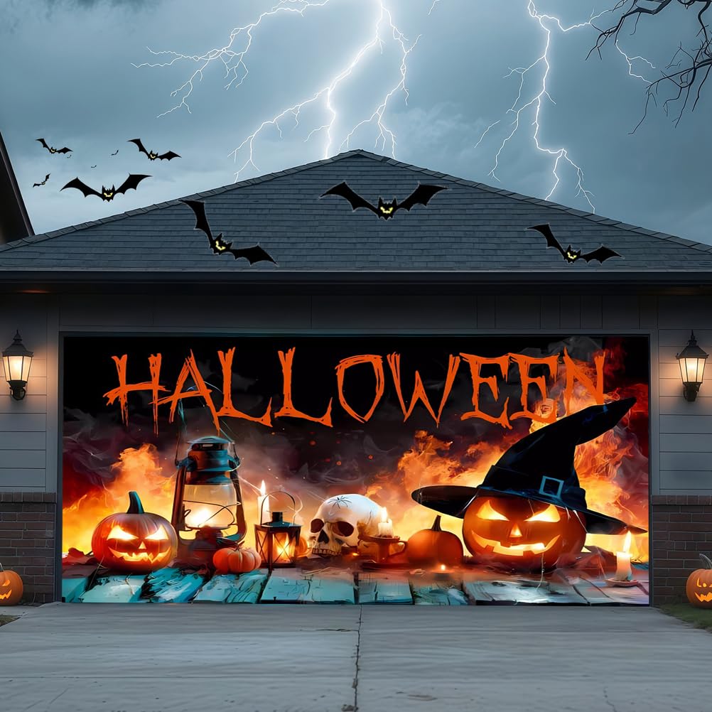 ZFFLYH Halloween Garage Door Cover Banner Outdoor Home Decorations Halloween Hanging Backdrop Door Cover Garage Wall Decor,Pumpkin Skull,6.5 * 5FT