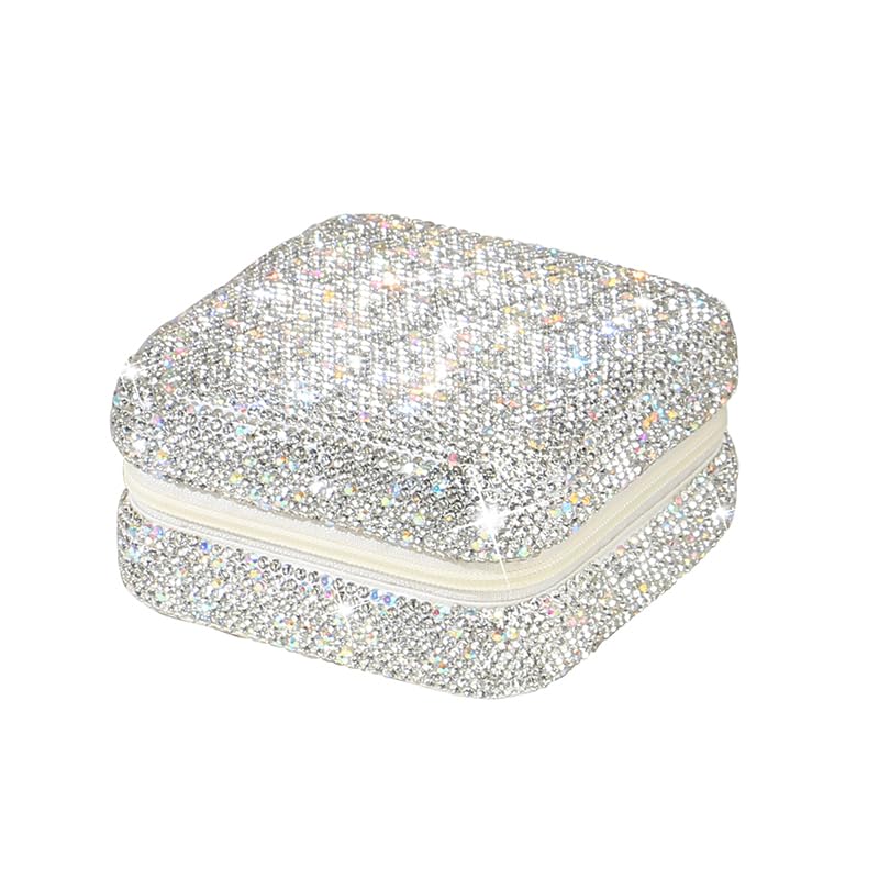 AnkysaskyAnkysasky Bling Jewelry Organizer, Travel Jewelry Case Organizer Portable Small Jewelry Storage Box Shining Jewelry Holder Case Gifts for Women Teen Girls and Friends Christmas Gifts(Silver)