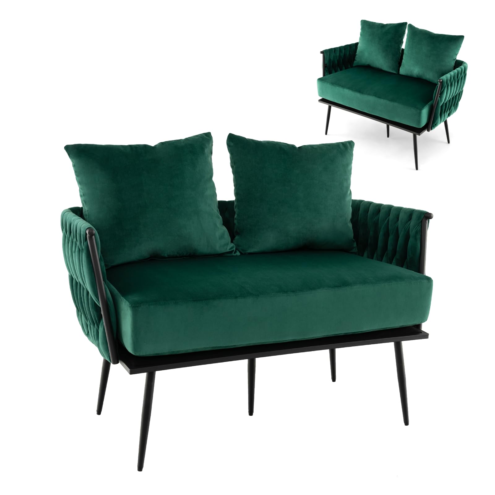 Multigot 2 Seater Sofa, Modern Upholstered Loveseat Couch with 2 Back Pillows, Woven Backrest and Armrest, Thick Padding Velvet Armchair Sofa for Living Room Bedroom Office (Green)