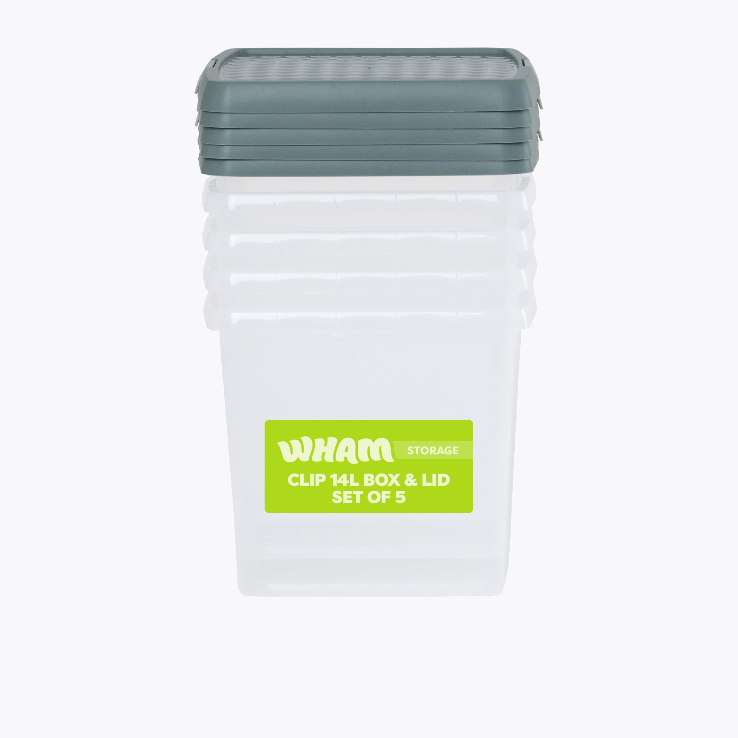 Wham Clear/Green Milieu Clip 5 X 14L Square Stackable Plastic Storage Boxes With Lids | Ideal For Home, Office, Toys & More | Storage Containers With Clip Locks | Made In Uk